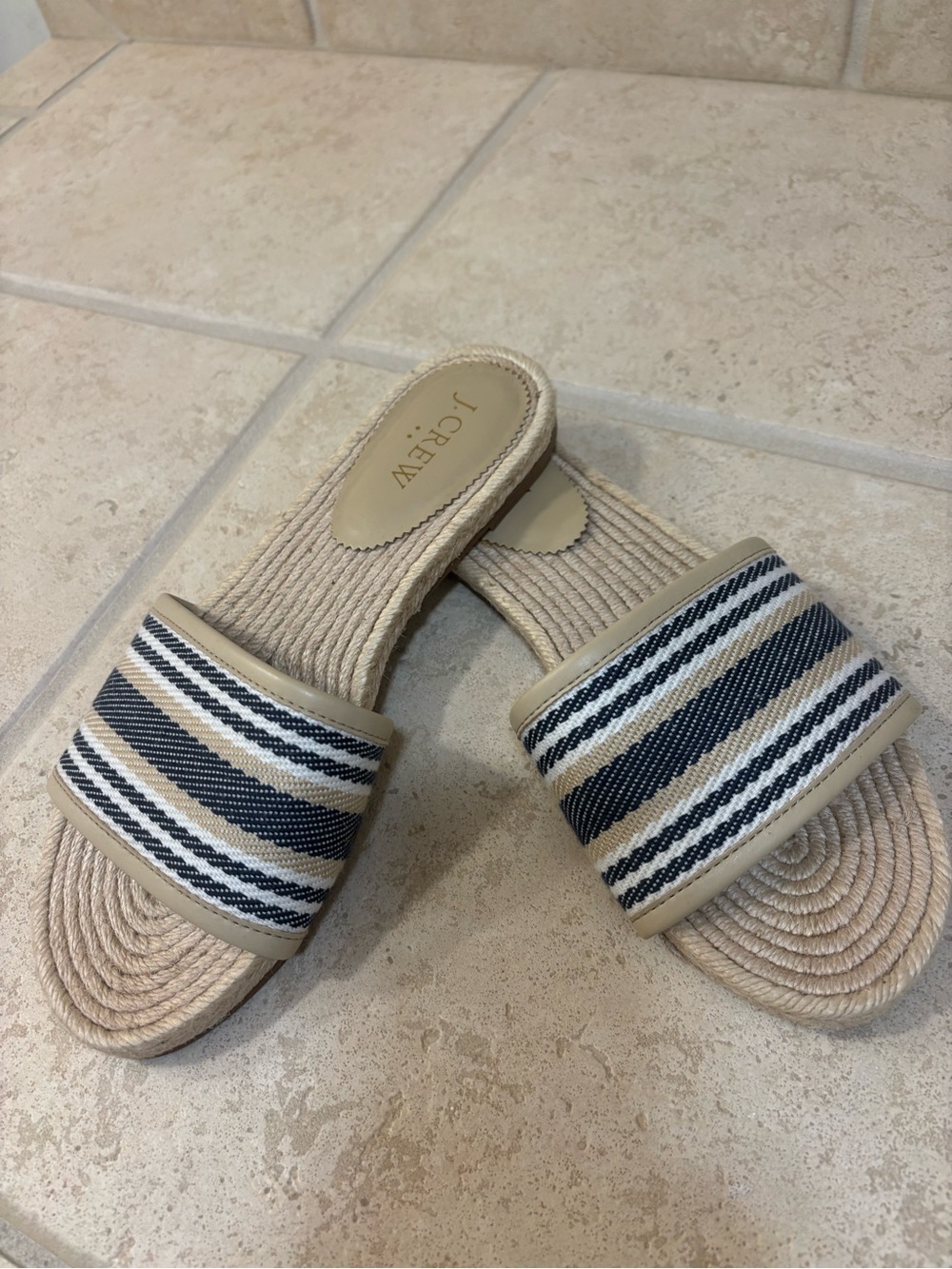 J. Crew Striped Woven Slide Sandals in Navy and Beige